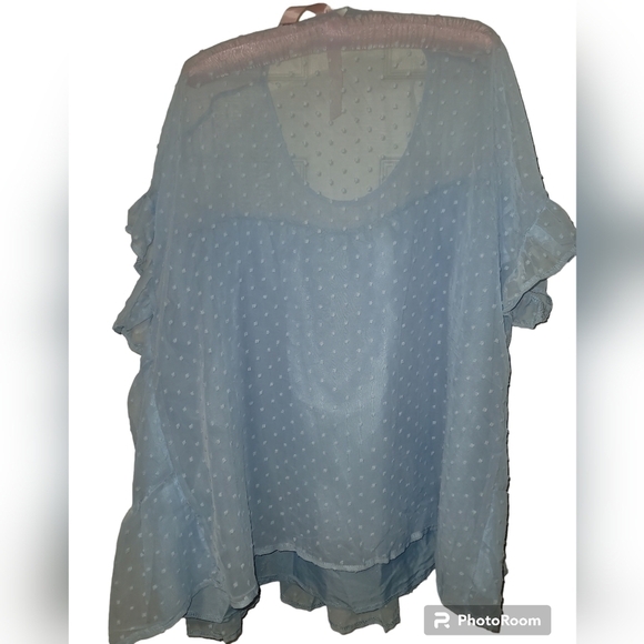 Blue flowy blouse with Dot design, sheer back. - Picture 5 of 5